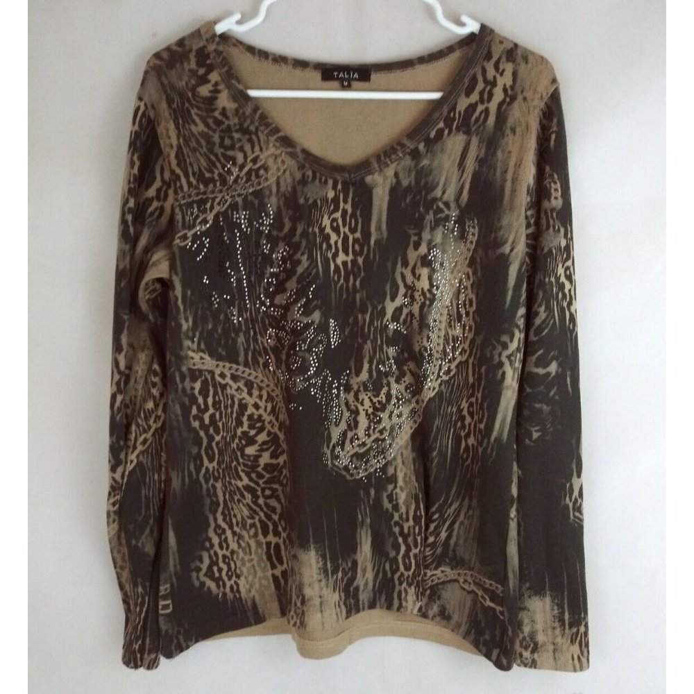 Talia Women's Brown Beaded Animal Print Long Sleeve Shirt Size Medium